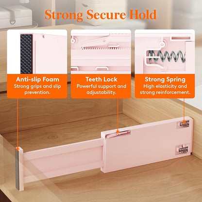 Lifewit 6 Pack Drawer Dividers 4" High 28-43.5cm/11-17" Adjustable Drawer Organizer for Clothes/Utensils, Expandable Drawer Separator in Dresser/Kitchen/Bedroom/Office Organization & Storage Pink