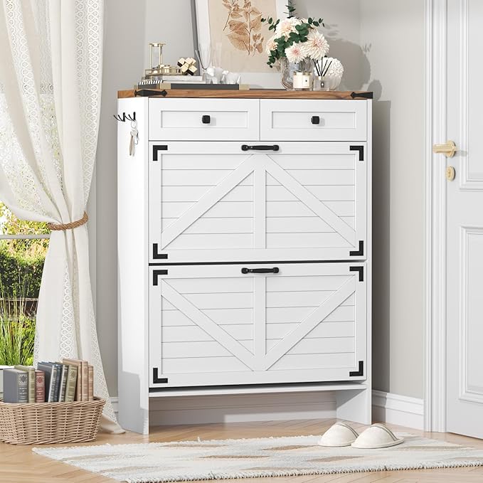 Shoe Storage Cabinet with Deodorizing Function, Farmhouse Narrow Hidden Shoe Rack Organizer Cabinet with 2 Flip Drawers & 2 Storage Drawers for Entryway, Hallway, Living Room, White