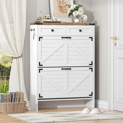 Shoe Storage Cabinet with Deodorizing Function, Farmhouse Narrow Hidden Shoe Rack Organizer Cabinet with 2 Flip Drawers & 2 Storage Drawers for Entryway, Hallway, Living Room, White