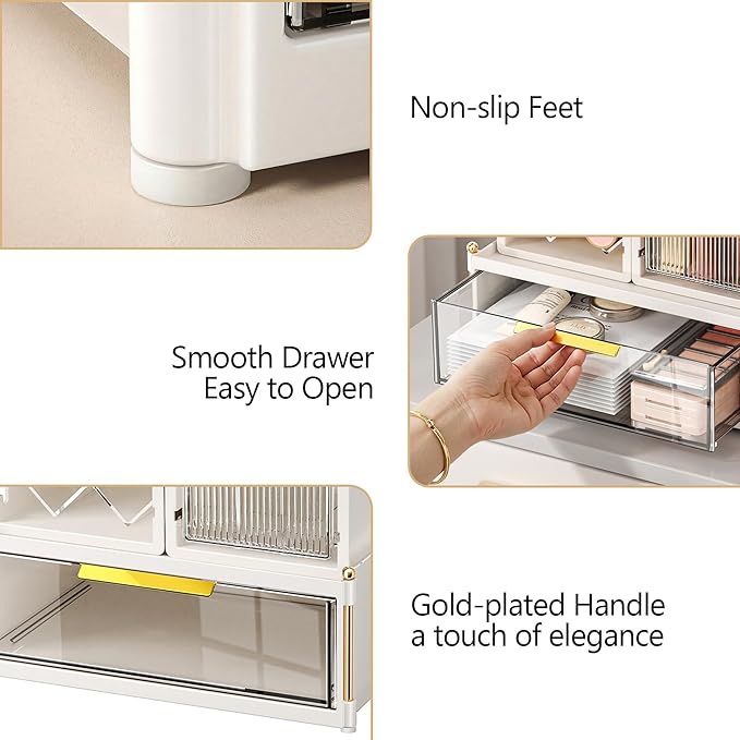 FOLLOWIN Compact Makeup Organizer Set, Lipstick Holder with Grid,Makeup Brush Organizer with Flip Drawer, 2 Ways to Arrange, Milk White Vanity Countertop Storage with Detachable Drawer for Cosmetics