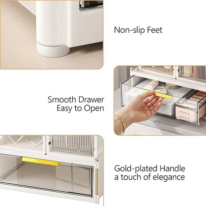 FOLLOWIN Compact Makeup Organizer Set, Lipstick Holder with Grid,Makeup Brush Organizer with Flip Drawer, 2 Ways to Arrange, Milk White Vanity Countertop Storage with Detachable Drawer for Cosmetics
