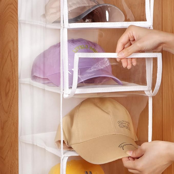 KEEGH Hat Rack with Dust Cover All-round Protect 10 Shelf Hat Storage Hat Organizer for Baseball Caps, Visible Baseball Cap Organizer Hat Holder for Closet, Clear/White