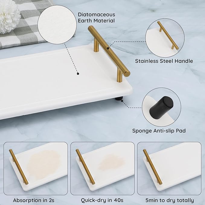Segbeauty 12x6in Water Absorbing Stone Tray for Countertop, Fast Drying Stone Diatomaceous Earth Tray, Instant Drying Stone Tray for Kitchen Counter, Quick Dry Large Bathroom Counter Tray Soap Holder