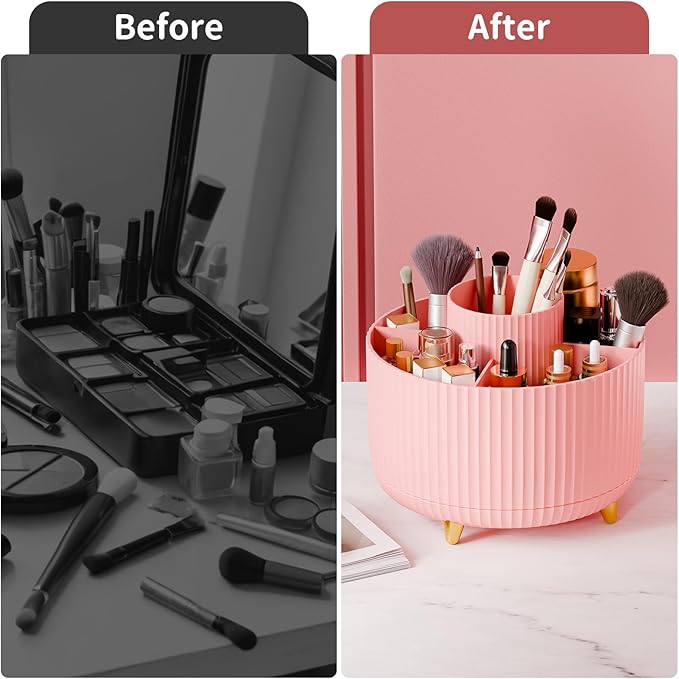 fanado 360° Rotate Makeup Brush Holder Organizer, Makeup Organizers Countertop, Makeup organization and Skincare Storage for Vanity, Desktop, Bathroom (Pink)