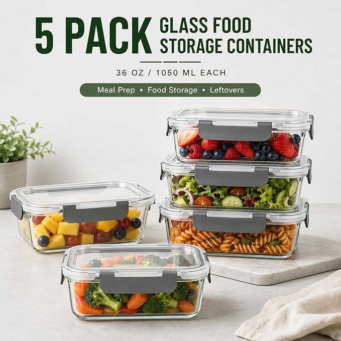 5 Pack 36oz Borosilicate Glass Food Storage Containers Set with Lids, Freezer Meal Prep Containers, Airtight Bento Lunch Container Set, Oven, Freezer and Dishwasher Safe, BPA Free, Kitchen Storage Set