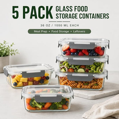 5 Pack 36oz Borosilicate Glass Food Storage Containers Set with Lids, Freezer Meal Prep Containers, Airtight Bento Lunch Container Set, Oven, Freezer and Dishwasher Safe, BPA Free, Kitchen Storage Set