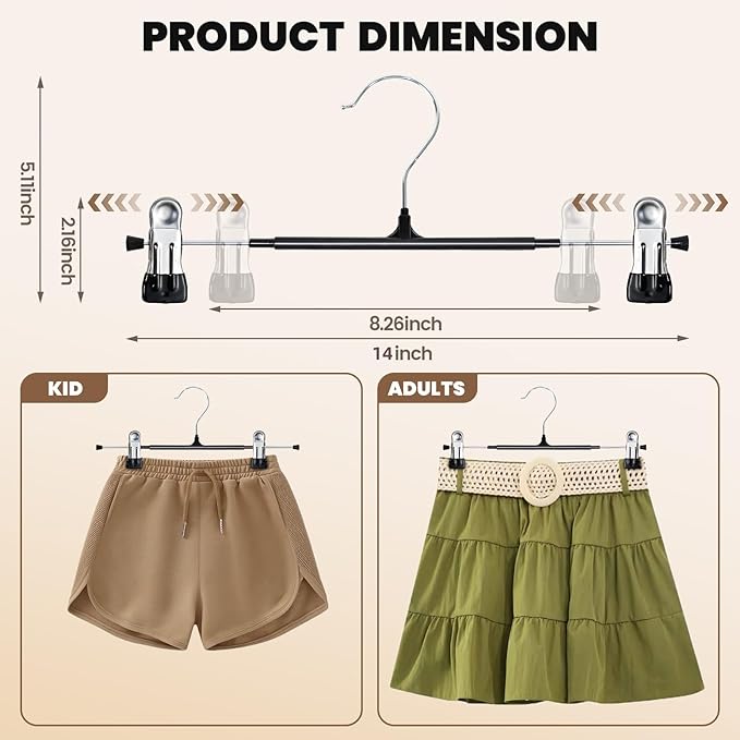 HUADYMEET 50 Pack 14Inch Pants Hangers with Clips,Metal Trouser Hanger for Jeans.Space Saving Skirt Hangers Heavy Duty Non-Slip Adjustable Clothes Shorts Hanger for Women,Men,Black