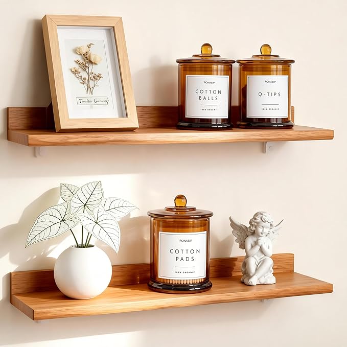 Ronasip 3 Pack Qtip Holder Dispenser, 16oz Bathroom Organizer and Storage Canisters, Glass Apothecary Jars with Lid - Home Decor, Room Decor Aesthetic (Amber)