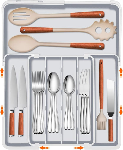 Spaclear Expandable Silverware Drawer Organizer - 7 Compartments BPA-Free Kitchen Utensil Tray, Adjustable 12.6”×9.5" to 19"×15.2", Cutlery Drawer Organizer, Gray