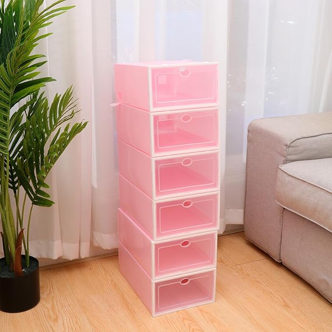 Holibanna 6pcs Thickened Stackable Shoe Boxes with White Frame Pink Plastic Shoe Storage Containers for Men’s Closet Organization