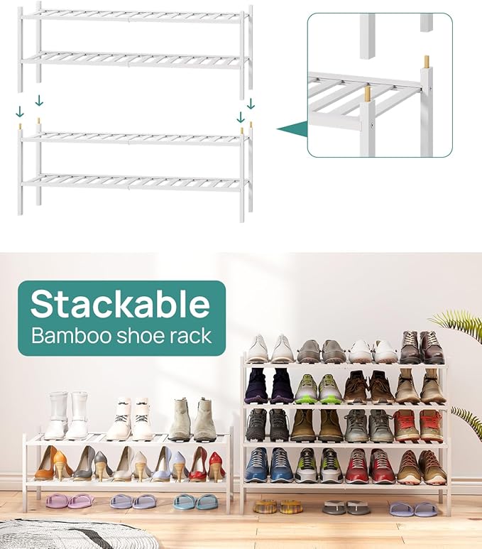 viewcare Long Shoe Rack for Entryway,Shoe Organizer for Hallway Closet, Bamboo Wood Shoe Racks for Indoor Outdoor (White, 2-Tier Long)