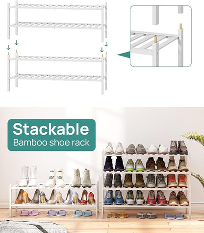 viewcare Long Shoe Rack for Entryway,Shoe Organizer for Hallway Closet, Bamboo Wood Shoe Racks for Indoor Outdoor (White, 2-Tier Long)