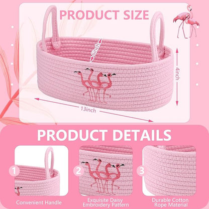 Vesici Pink Flamingo Woven Storage Basket for Toilet Tank Top Boho Cotton Rope Bathroom Countertop Organizer Basket with Handle Pink Bathroom Decor for Bedroom Nursery Toys Organizing, 13 x 6 x 4 Inch