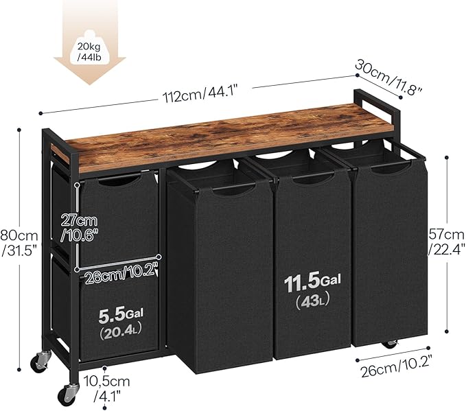 HOOBRO Laundry Sorter with 5 Sections, 45.5 Gal. (170 L) Laundry Hamper with Wheels and Shelf, Large Capacity, Laundry Basket with Removable Bags, 44.1"L x 11.8"W x 31.5"H, Rustic Brown, BF26XY01
