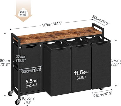HOOBRO Laundry Sorter with 5 Sections, 45.5 Gal. (170 L) Laundry Hamper with Wheels and Shelf, Large Capacity, Laundry Basket with Removable Bags, 44.1"L x 11.8"W x 31.5"H, Rustic Brown, BF26XY01