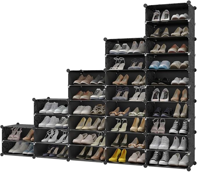 KOUSI 60-Pairs Shoe Rack for Entryway Shoe Storage Space Saver Plastic Shoe Organizer Narrow Standing Expandable for Heels, Boots, Slippers,Black