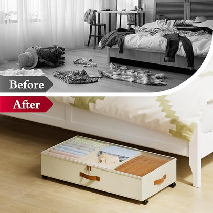 Yecaye Under Bed Storage with Wheels, 2 Pack Under Bed Storage Containers with Adjustable Dividers & Clear Lid, Rolling Underbed Organizer Bins Drawer for Clothes, Shoes, Blankets(30.3 x 16 x 6.7in)