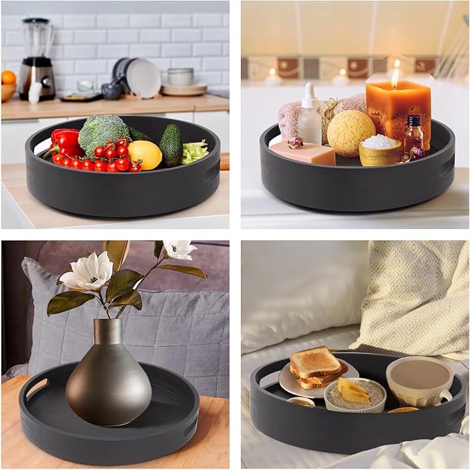 12in Black Bamboo Lazy Susan Turntable with Handle - Rotating Organizer for Table Top, Cabinet, Pantry & Kitchen | Spice & Seasoning Spinning Tray