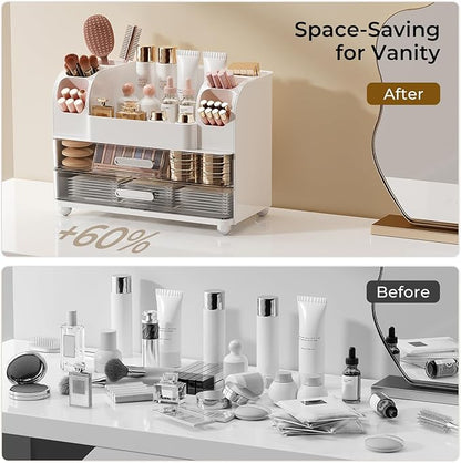 Makeup Organizer for Vanity with 2 Large Drawers, Cosmetic Display Case with Brush Holders, Easy to Storage for Bathroom Countertop Skincare, Perfume, White