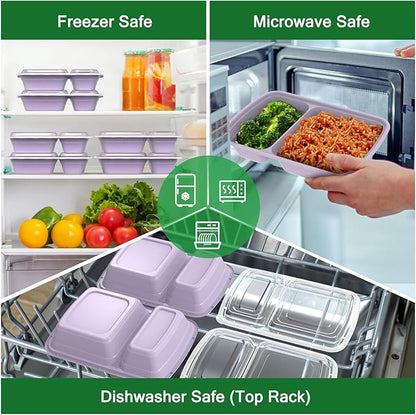 Dealusy 50 Pack (100-Piece) 28 oz Meal Prep Containers Reusable with Lids 2-Compartment, Sturdy Leakproof Food Safe, Microwave Freezer Dishwasher Safe, To Go Take Out Plastic Food Storage, Lilac