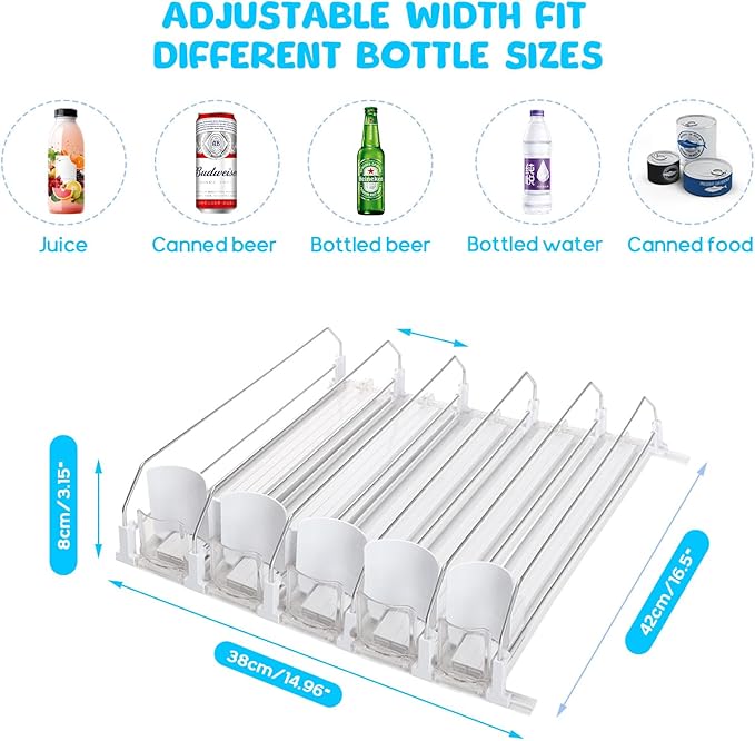 Drink Organizer for Fridge,Automatic Smooth Pusher Glide Fridge Organizer, Soda Dispenser with Width Adjustable, Beverage Organizer for Freezers, Supermarkets, Retail Stores