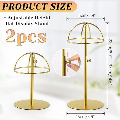 2 Pack Hat display stand Adjustable Height 8.7-14.6 Inches Hat organizer Stainless Steel Metal Hat rack for Storing Hats and Wigs in Home Boutique Retail Stores,Golden