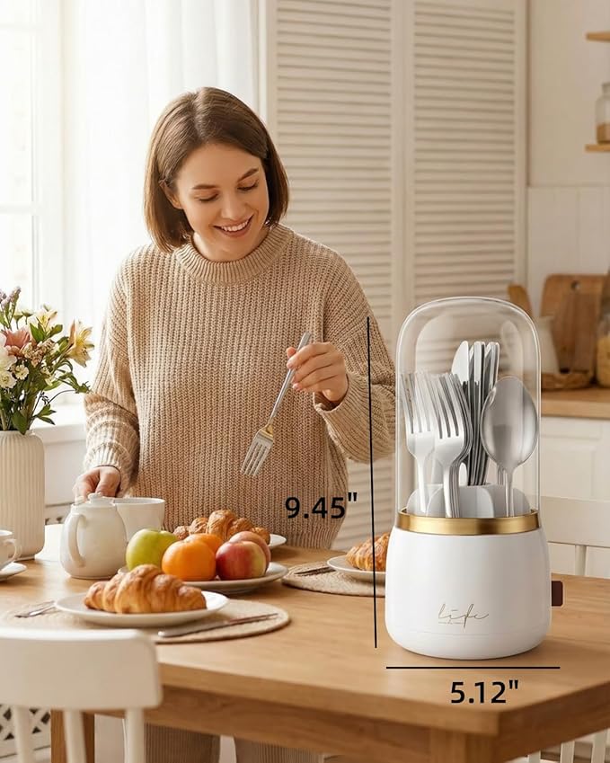 Silverware Organizer with Lid, 360° Rotation Utensil Holder for Kitchen Counter, Silverware Caddy for Party, 7 Slots Fits Standard Utensils & Steak Knives, Not for Extra-Long Knives(White)