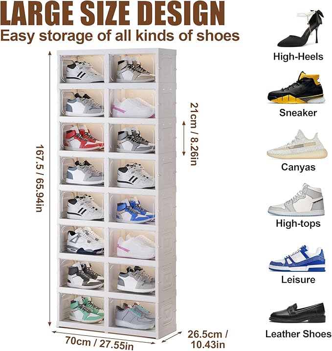 Shoe Box Foldable Storage Box Installation-free Clear Plastic Stackable Shoe Storage Cabinet Shoe Organizer Shoe Container Box with Lids Large Size Shoe Rack (8 Tiers 16 Pairs)