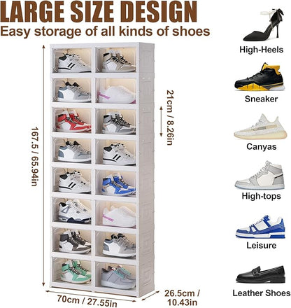 Shoe Box Foldable Storage Box Installation-free Clear Plastic Stackable Shoe Storage Cabinet Shoe Organizer Shoe Container Box with Lids Large Size Shoe Rack (8 Tiers 16 Pairs)