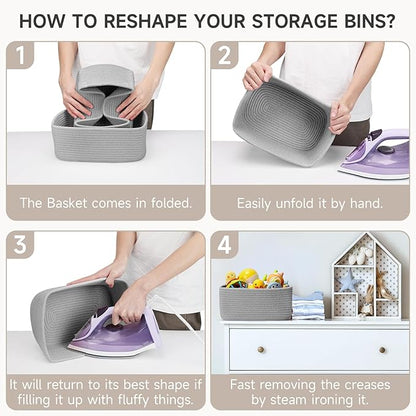 3-Pcs Shelf Baskets for Organizing, Closet Organizer Bins, Small Woven Baskets, Rope Toy Basket, Storage Basket for Shelves, Cube Decorative Box, 11.8×7.8×5.1”, Grey