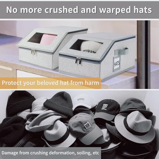2 PCS Hat Organizer for Baseball Caps Stackable HatBox Hat Rack Hold Up to 24 Caps Hat Storage for Closet with Clear Window Space-Saving Fabric Hat Holder