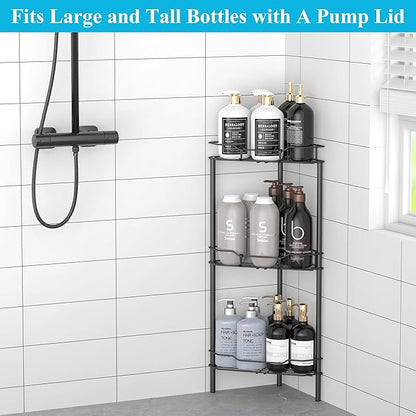 HuggieGems 3 Tier Floor Standing Corner Shower Caddy Organizer Shelf with Hooks, Bathroom Shelves Stand Rack, Matt Black