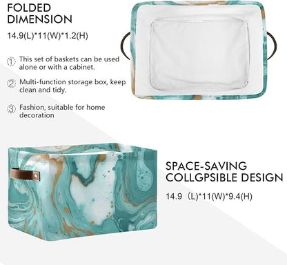 Turquoise Marble Texture Basket Bin, Large Storage Basket for Toy, Canvas Storage Basket for Clothes, Decorative Basket for Home Office (15x11x9.5inch)