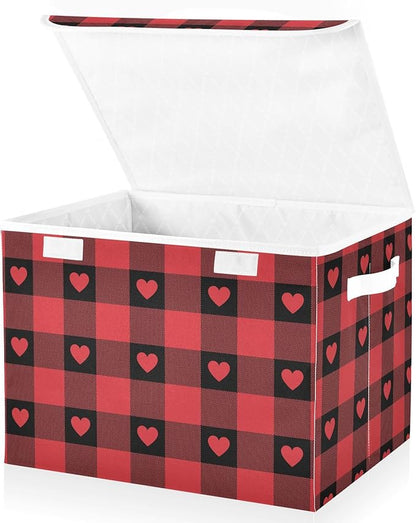 senya Valentines Storage Baskets Collapsible Storage Bins with Lids, Red Buffalo Check Gingham Love Heart Storage Boxes Clothes Baskets for Organizing
