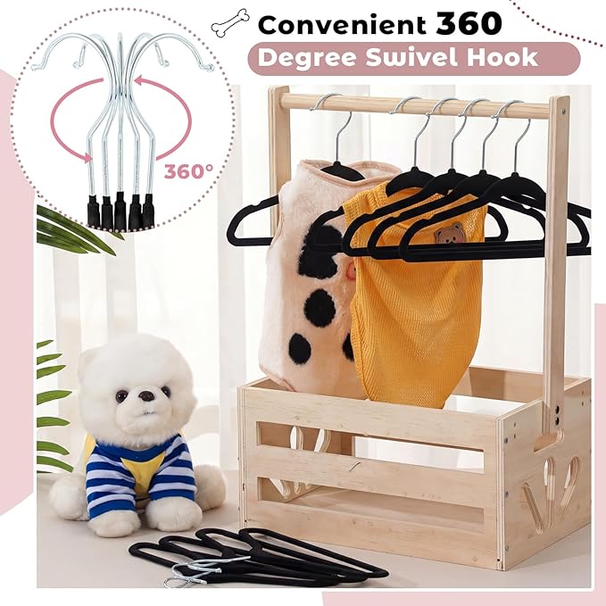 Weysat 24 Pcs Dog Clothes Hangers 11'' Non-Slip & 360° Swivel Velvet Small Pet Black Hangers for Cats/Dogs with Rustproof Metal Hooks, Space-Saving for Home Storage & Grooming Salons Minimalism