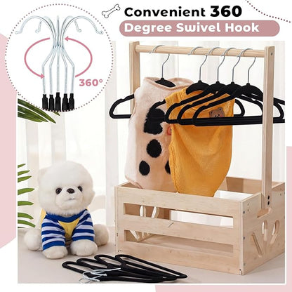 Weysat 24 Pcs Dog Clothes Hangers 11'' Non-Slip & 360° Swivel Velvet Small Pet Black Hangers for Cats/Dogs with Rustproof Metal Hooks, Space-Saving for Home Storage & Grooming Salons Minimalism