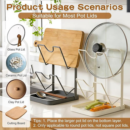 Kitchen Pot Lid Storage Rack, Pot Lid Holder With Tray, Lid Holder While Cooking, Lid And Spoon Rest, Multifunctional Kitchen Organizer Stand (White)