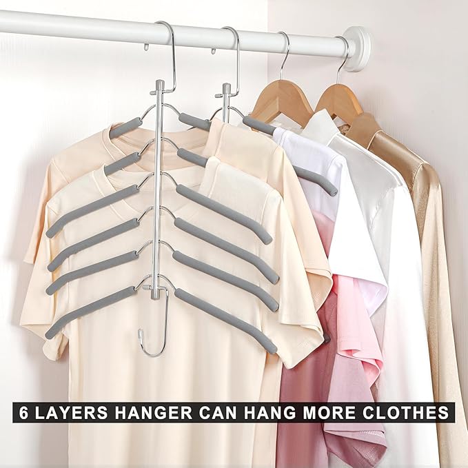 TOPIA HANGER Clothes Hanger Space Saving, 6 Tier Shirt Coat Hangers Space Saving No Bump Shoulder Hangers with No Slip Foam Padded Closet Organizers and Storage for Men and Women 2 Pack CT87G