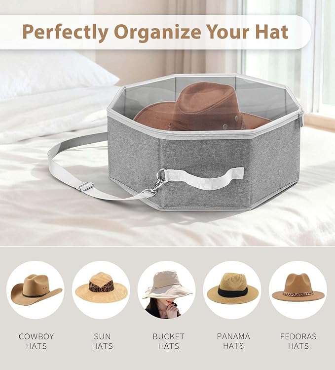 Livelab Hat Box for Travel & Home Storage, Side Reinforced Octagonal Hats Organizers, Crush-proof, Dust-proof Hat Boxes Holder Closet Storage for Cowboy, Panama & Fedora Hats | Grey
