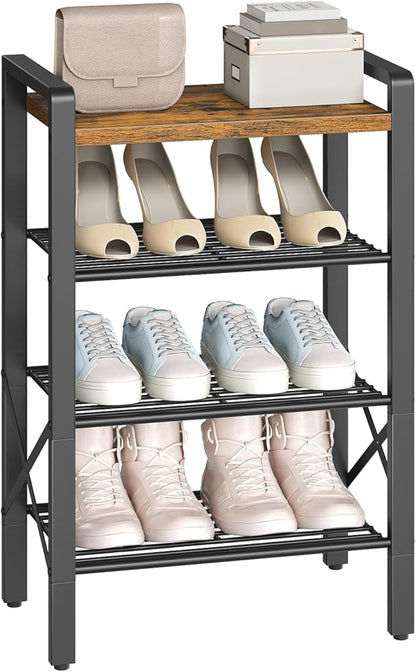 YATINEY 4-Tier Narrow Shoe Rack, Tall Shoe Rack for 4-8 Pairs, Slim Shoe Storage Organizer with Wooden Top, Space Saving, Metal Frame, for Entryway, Rustic Brown and Black SS64BR