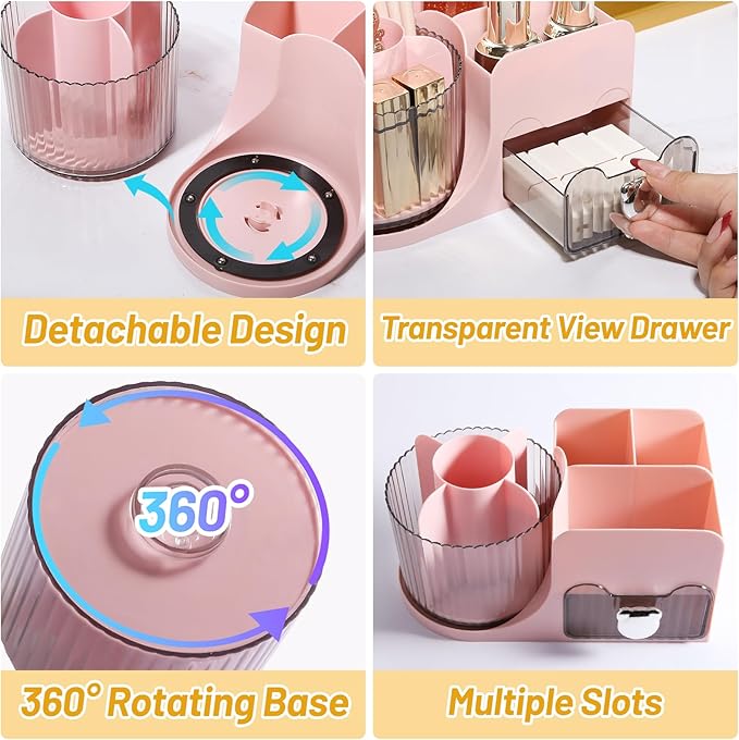 DASITON Makeup Organizer with Drawer, 360° Rotating Makeup Brush Holder, Makeup and Skincare Storage Box, Make Up Organizers for Vantiy, Desktop, Bathroom Countertop, Cosmetic Display Case (Pink)