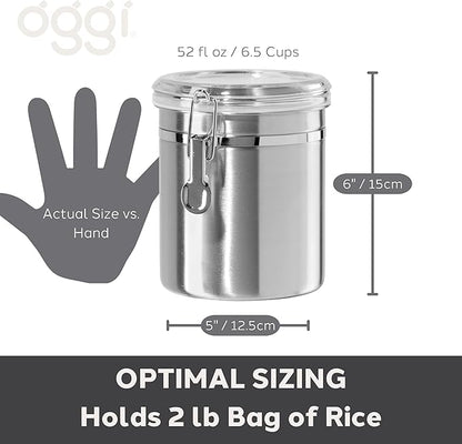 OGGI Stainless Steel Kitchen Canister 47oz - Airtight Clamp Lid, Clear See-Thru Top - Ideal for Kitchen Storage, Food Storage, Pantry Storage. Large Size 5" x 6"