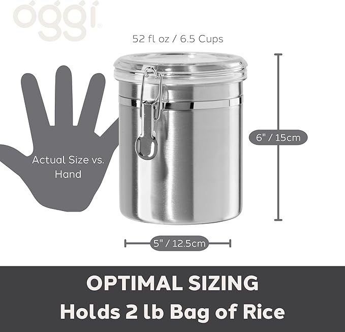 Oggi Stainless Steel Kitchen Canister 152 fl oz - Airtight Clamp Lid, Clear See-Thru Top - Ideal for Kitchen Storage, Food Storage, Pantry Storage. Jumbo Size 8" x 8".