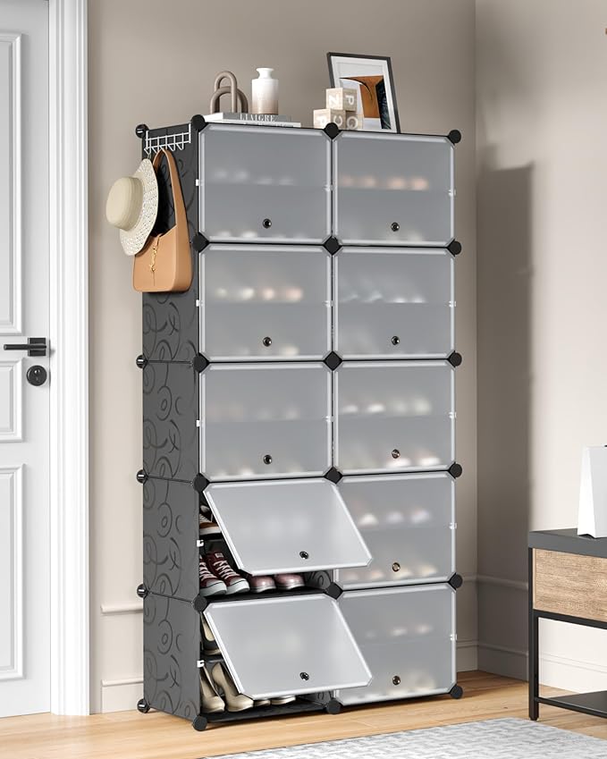 Mondeer Shoe Rack, Plastic Shoe Cabinet, 10 Levels, Shoe Rack Organiser Holds 40 Pairs of Shoes, Space Saving, for Hallway, Bedroom, Living Room, Entrance (Black)