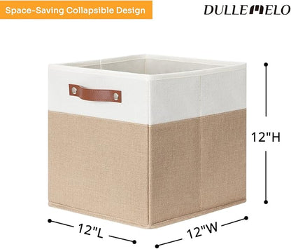 DULLEMELO Cube Storage Bins,12 x 12 x 12 inch Fabric Storage Cubes for Organizing,Collapsible foldable Linen Canvas Closet Storage Bins for Shelves Closet Bedroom Toys Home Office(White&Khaki-4 Pack)