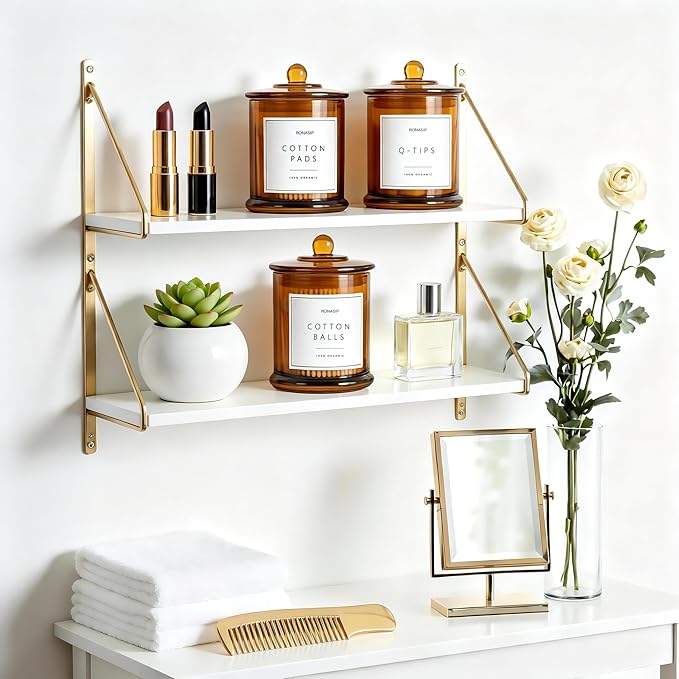 Ronasip 3 Pack Qtip Holder Dispenser, 16oz Bathroom Organizer and Storage Canisters, Glass Apothecary Jars with Lid - Home Decor, Room Decor Aesthetic (Amber)