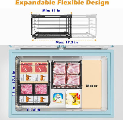 NADAMOO Freezer Organizer Bins, 4 Packs Large Expandable Stackable Chest Freezer Containers with Handle, Metal Adjustable Storage Baskets for Fridge, Deep Freezer, Cabinet, Kitchen, Pantry - Black