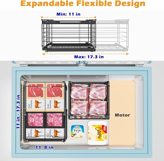 NADAMOO Freezer Organizer Bins, 3 Packs Large Expandable Stackable Chest Freezer Containers with Handle, Metal Adjustable Storage Baskets for Fridge, Deep Freezer, Cabinet, Kitchen, Pantry - Black