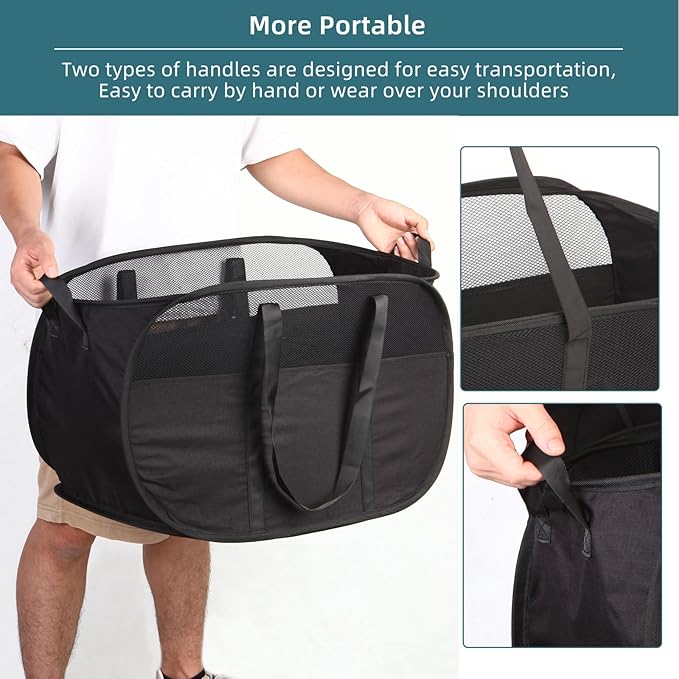 Collapsible Laundry Baskets, Tear Proof Pop Up Laundry Hamper with Dual Handles, Durable Foldable Laundry Basket, Easy to Carry Laundry Hamper for Home, Laundry Room, Bedroom, Dorm, Travel Black