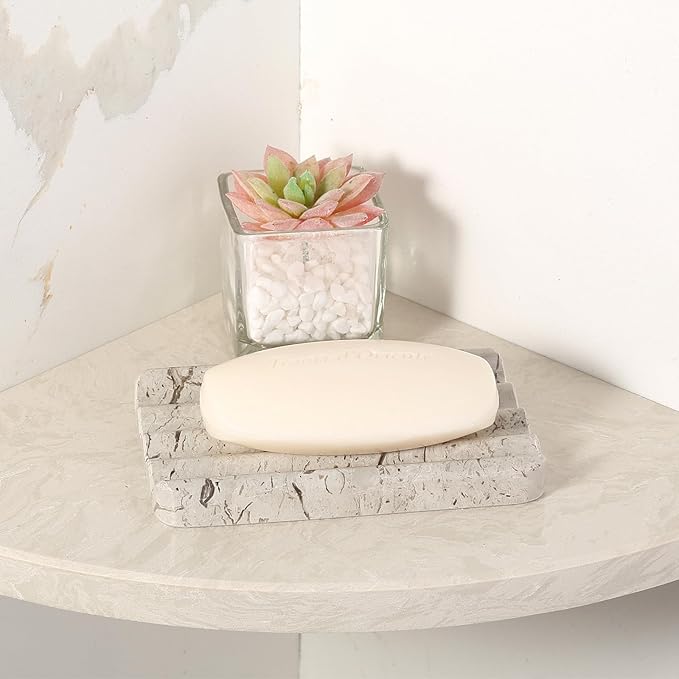 Koville Natural Grey Marble Soap Dish for Shower, Stone Soap Tray for Bathroom, Gray Bar Soap Holder for Sink, Stripe Grooves Soap Saver Stone Dish Keep Bars Dry Easy Clean
